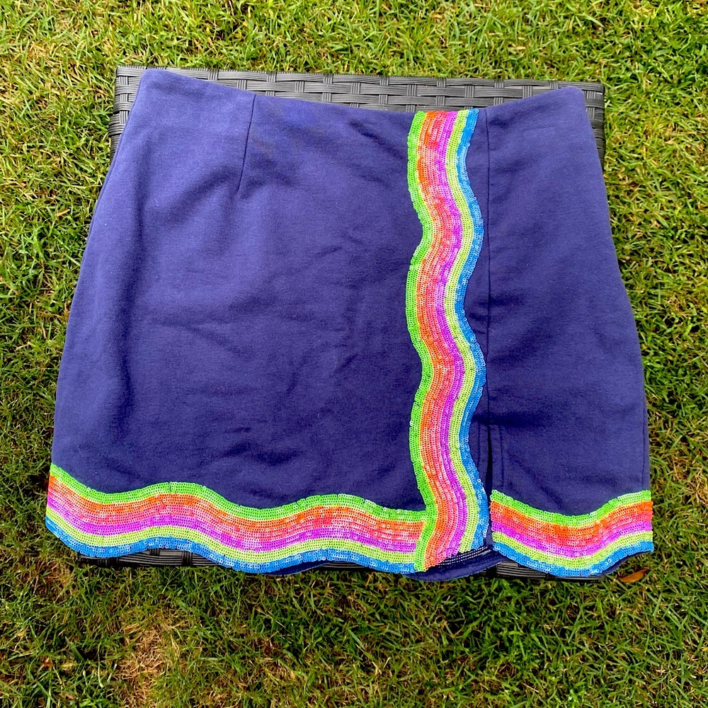 QUEEN OF SPARKLES, Navy, wavy rainbow sequin, skort